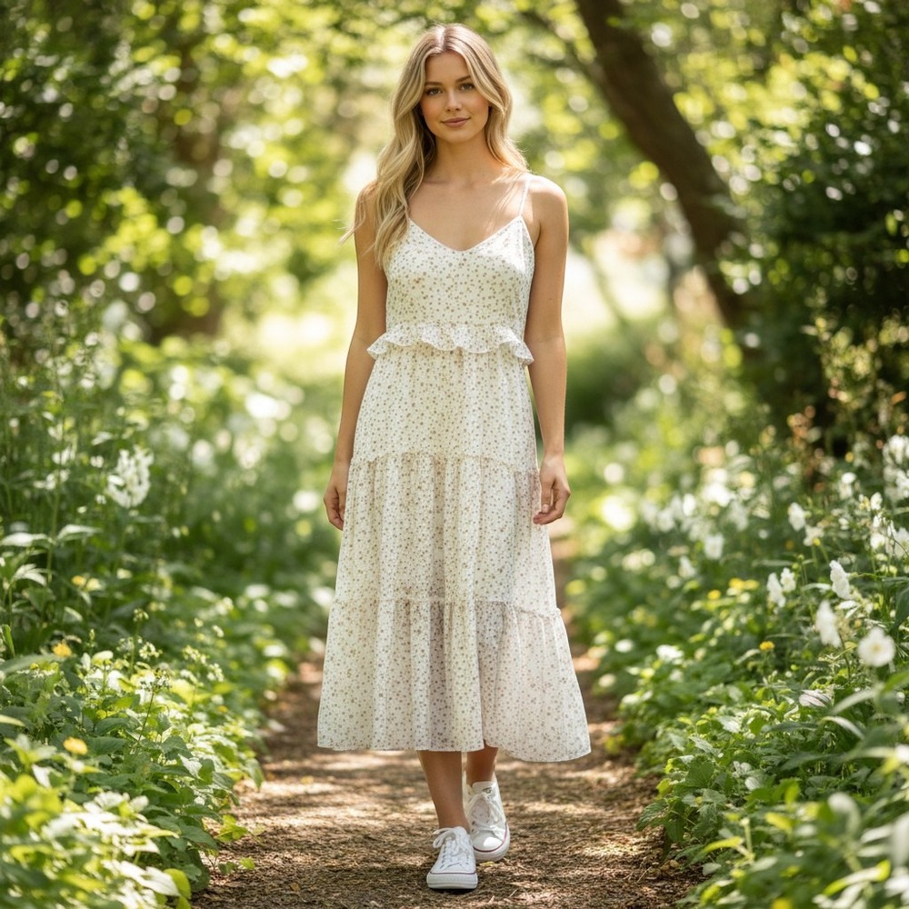 Altar'd State Floral Midi Dress S White Ruffle Tiered Midi S